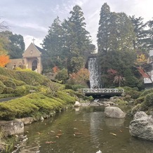 ロイヤルガーデンパレス 柏 日本閣の画像｜庭園の景色。大きな池があり、奥に立派な滝が見える。