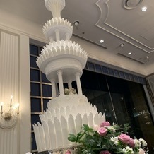 ホテルニューオータニの画像｜天井が高い会場にぴったりのウエディングケーキでした。ケーキの装花も素敵な演出でした。