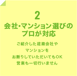 2 会社・マンション選びのプロが対応 ご紹介した建築会社やマンションをお断りしていただいてもOK営業も一切行いません