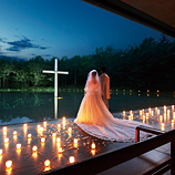 星野リゾート　トマム 水の教会:白樺の木立や十字架がライトアップされる、ナイトウエディングも幻想的