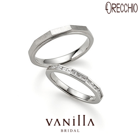 エッジの効いたフォルムにバゲットカットダイヤを並べた存在感のある結婚指輪｜VANillA（ヴァニラ）｜ゼクシィ