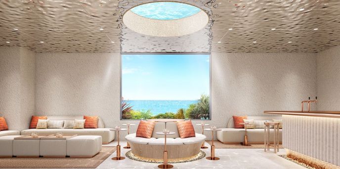 THE SURF BEACHSIDE TERRACE（ザ・サーフ ビーチサイドテラス）：待合ラウンジからも海が見える、開放的な空間創り。ゲストの皆様もリラックスした雰囲気でお過ごしいただけます。